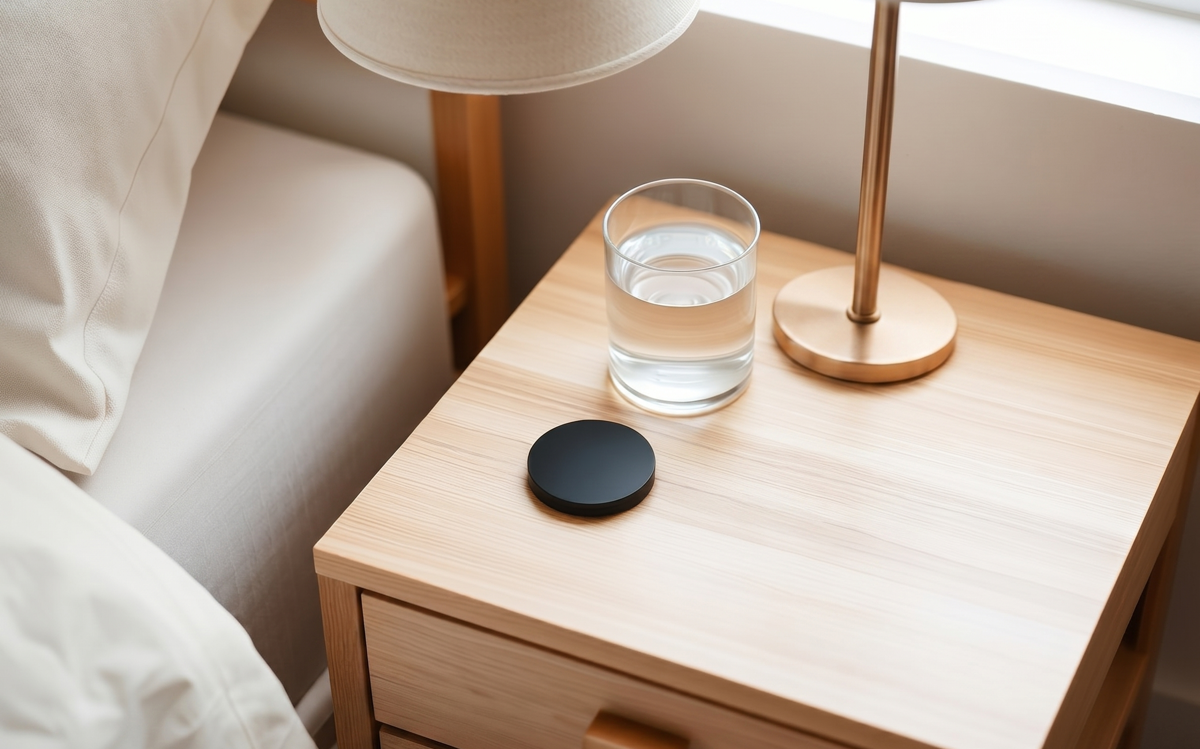 Poxi disc on a minimal wooden bedside table